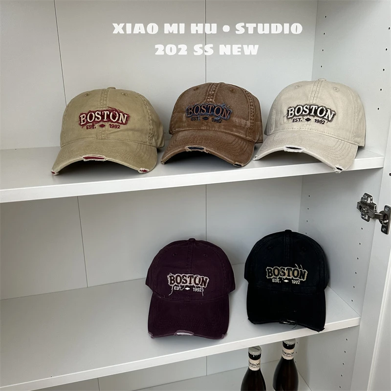 百搭儿童棒球帽复古破洞磨边字母男孩棒球帽子软顶女桶鸭舌帽遮阳