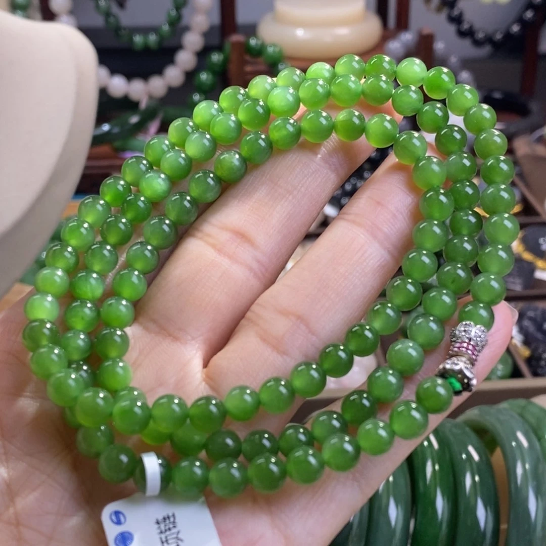 和田玉精品老矿料高冰碧玉猫眼长链约6未镶嵌