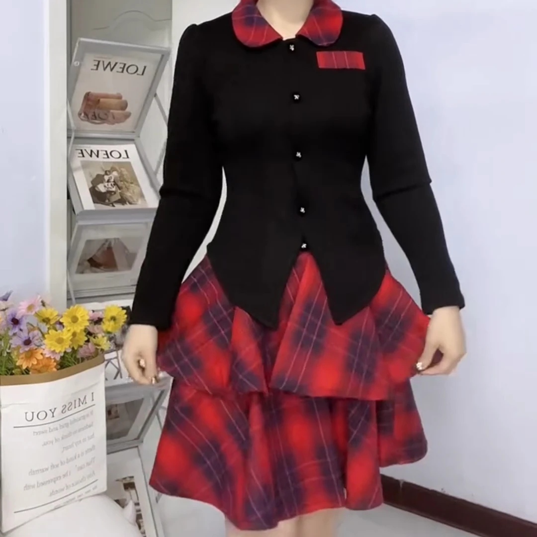 秋冬时尚减龄拼接领不规则上衣搭配蛋糕裙套装