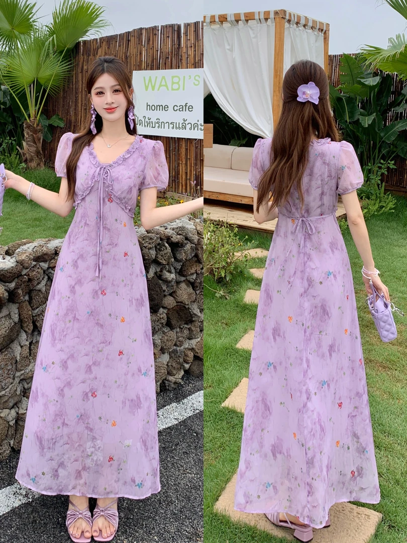 2025夏季新品紫霞仙子碎花茶歇裙大码法式巨显瘦遮肚子高级连衣裙