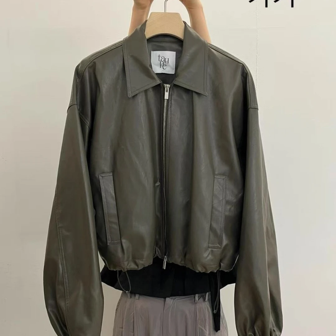 现taupe~女韩国正品代购潮酷复古翻领拉链皮衣外套