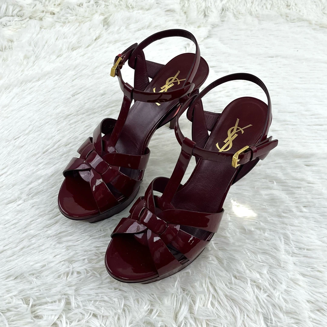 95新 YSL/圣罗兰 酒红色漆皮高跟凉鞋36.5码13287829