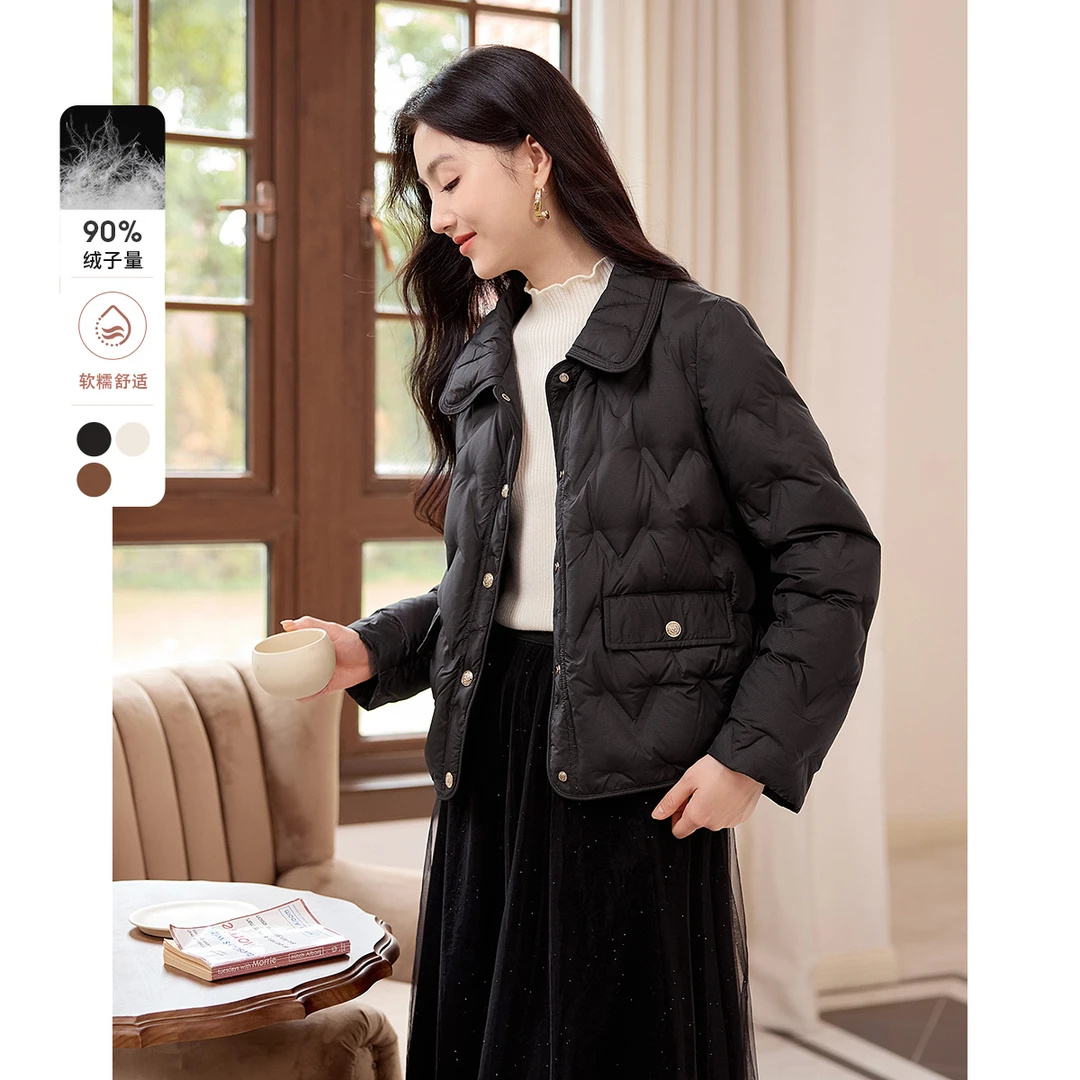 熙世界小香风翻领短款羽绒服女士新款90%白鸭绒外套秋冬1A4SY860