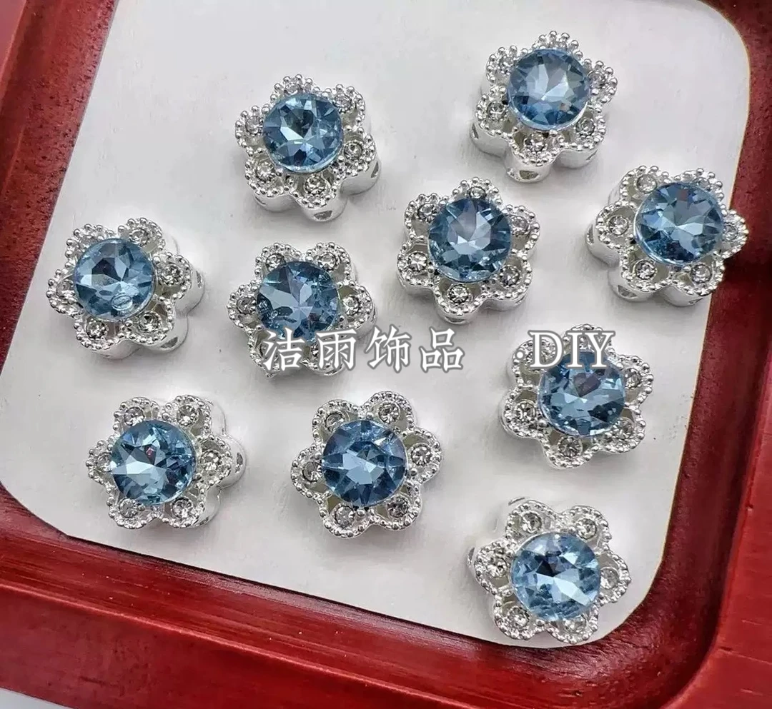 (洁雨饰品 DIY)  T109 银底蓝镶嵌钻花朵六通孔锆隔珠diy串珠