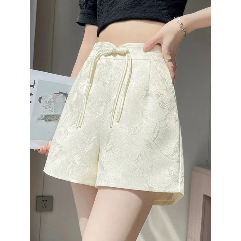 新中式提花冰丝缎面休闲短裤女夏季薄款盘扣高腰显瘦a字阔腿热裤