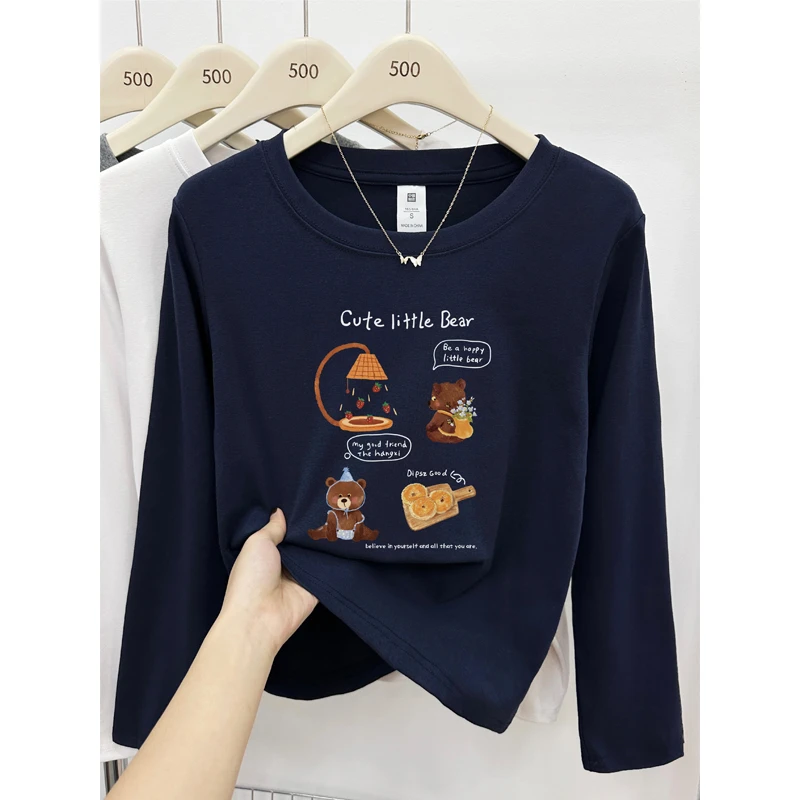 藏蓝色卡通印花正肩圆领长袖t恤秋季胖mm大码女装打底衫显瘦上衣