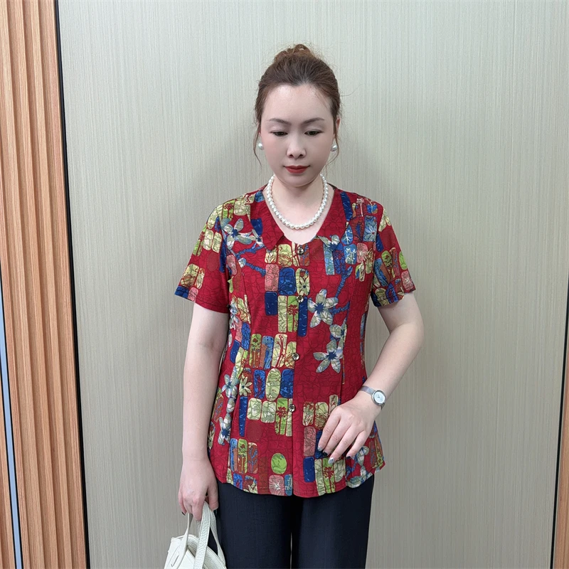 中年妈妈夏装洋气花色翻领中老年女装短袖T恤夏季高品质上衣薄款