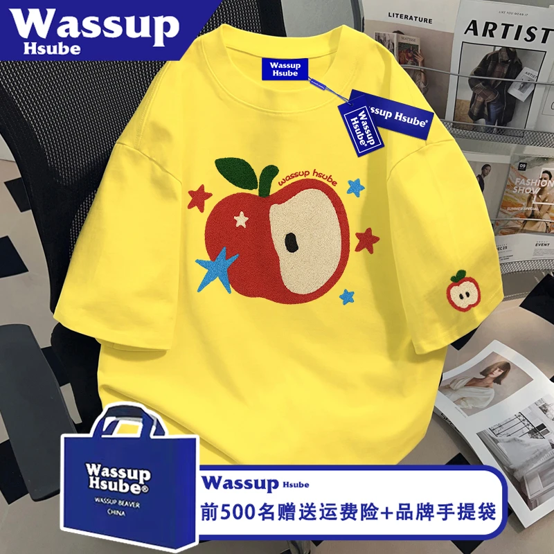 WASSUP HSUBE卡通苹果印花T恤炸街黄色男女款上衣ins夏季纯棉短袖
