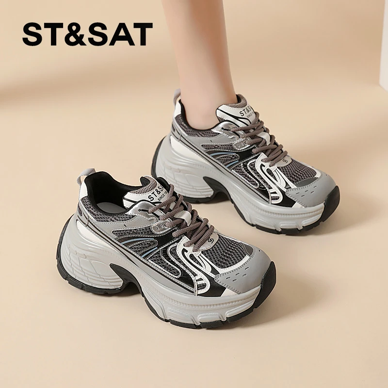 星期六透气老爹鞋女士2025新款春季休闲网红老爹鞋厚底复古小白鞋