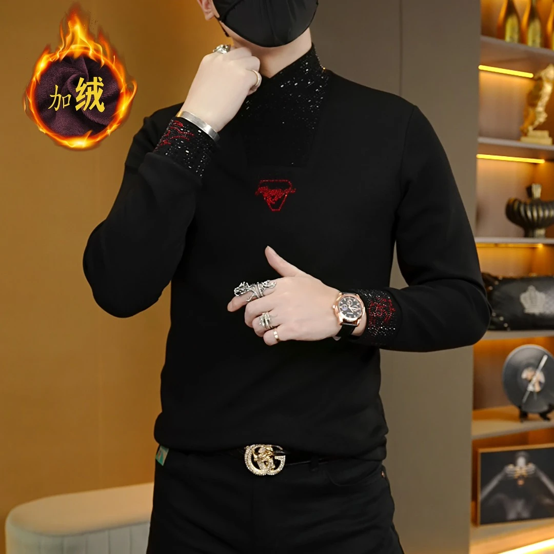 冬季潮流时尚网红个性百搭男士黑钻加绒修身打底衫那帕领长袖卫衣