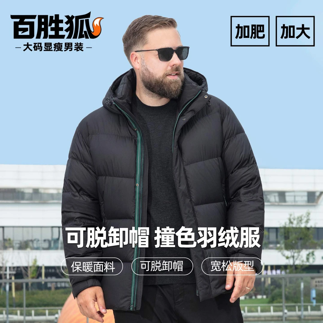 百胜狐90鸭绒可脱卸帽羽绒服男冬胖子加大码宽松保暖云朵泡芙外套