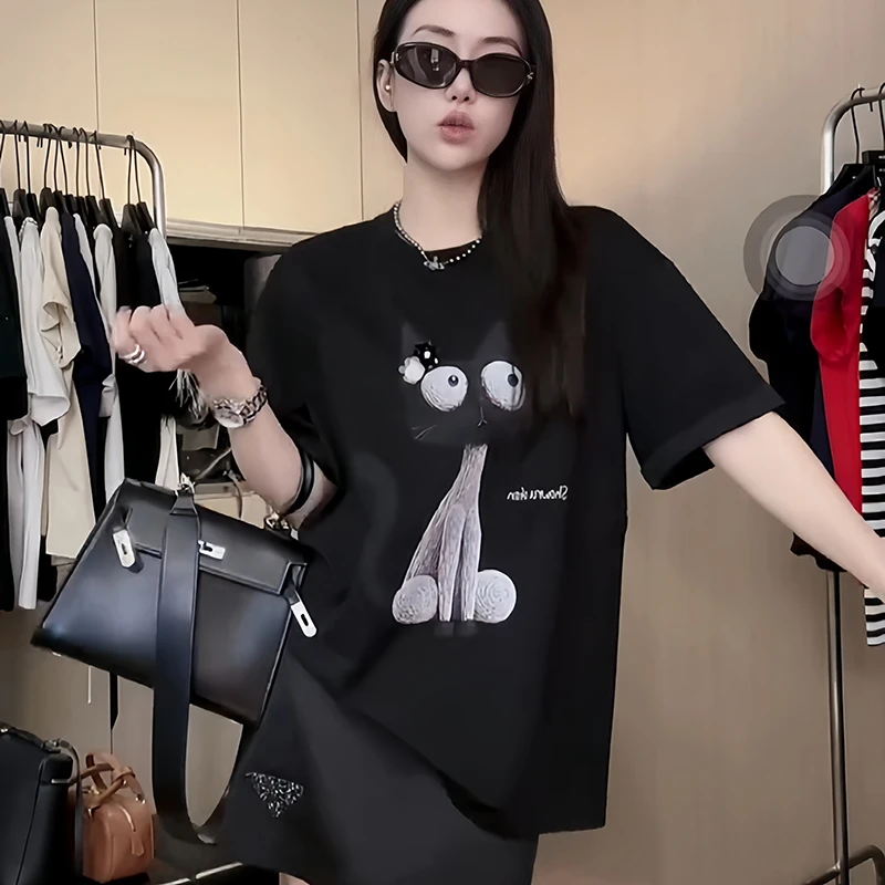 美式大版短袖t恤女夏季2025新款宽松中长款时尚猫咪字母印花上衣