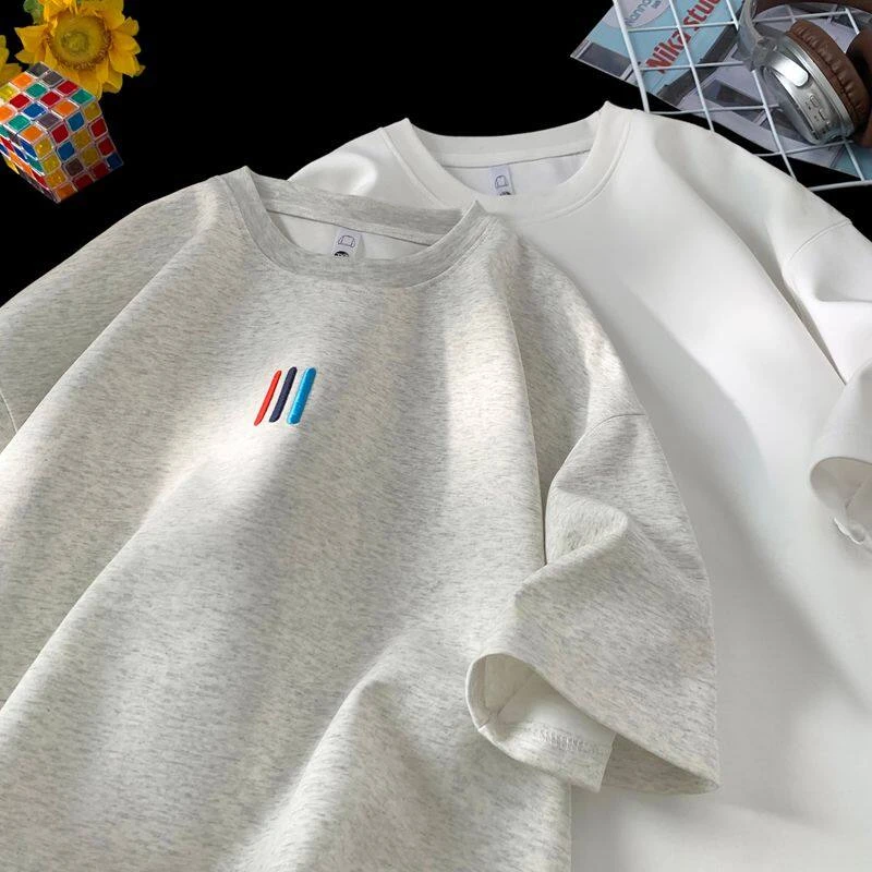 夏季新款刺绣短袖T恤男宽松百搭圆领半袖美式潮流体恤衫打底上衣