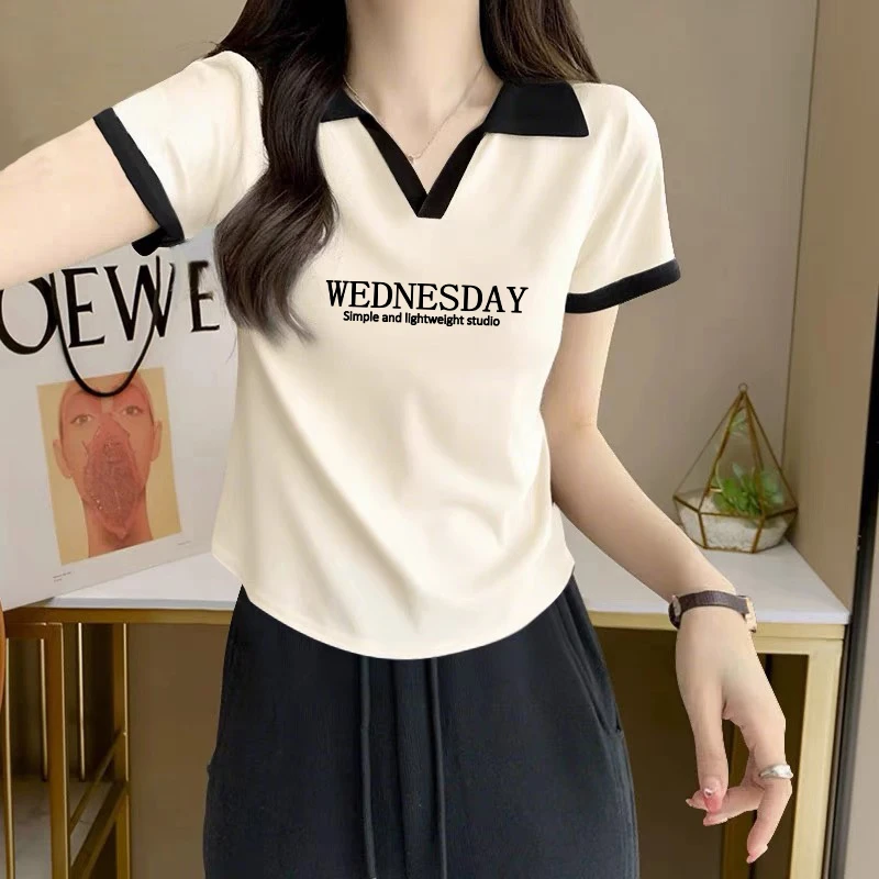 polo衫正肩短袖T恤夏季胖mm遮肚显瘦设计感V领纯欲上衣服大码女装