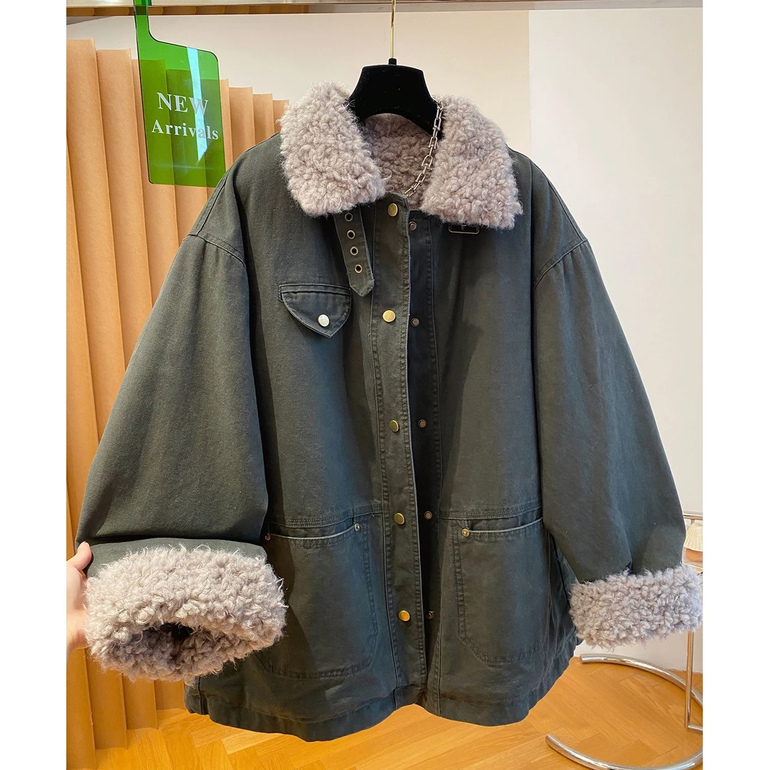 2025冬季毛毛领羊羔毛派克服女新款宽松大版中长款复古翻领大衣