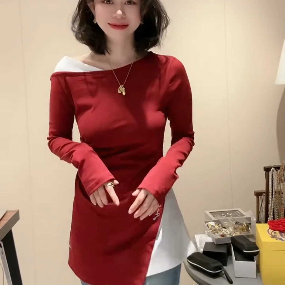 4857欧货时尚拼接长袖拼接中长T恤2025春节新上衣辣妹斜肩不规则