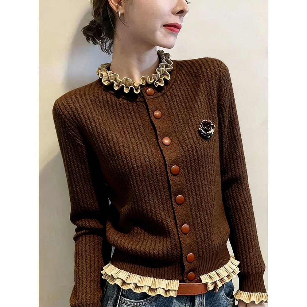慵懒风木耳边毛衣开衫外套女秋冬新款宽松加厚内搭花苞领针织上衣