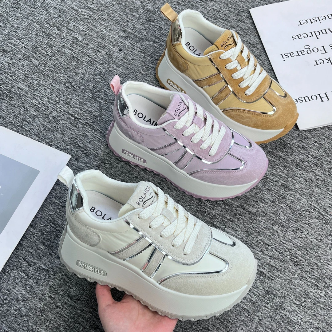 增高9cm春季运动厚底阿甘鞋系带内增高真皮百搭圆头女鞋