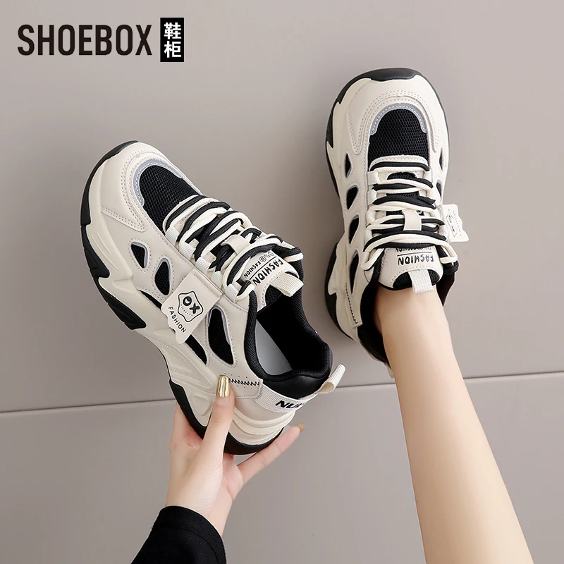 SHOEBOX鞋柜显脚小老爹鞋女2025新款春季皮面轻便软底运动鞋子
