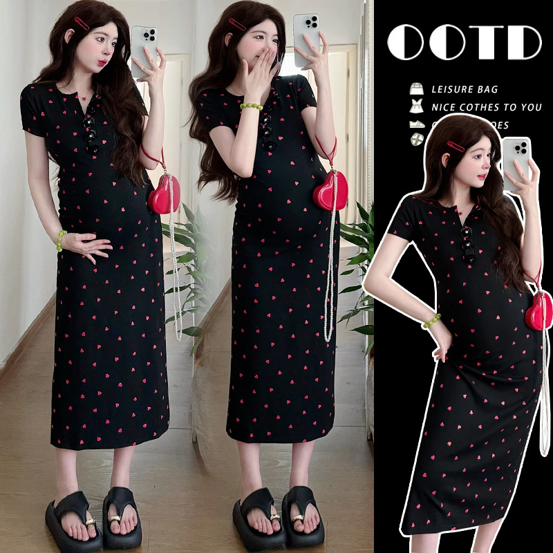 时髦气质孕妇夏季新款法式轻奢修身爱心波点黑色中长款连衣裙
