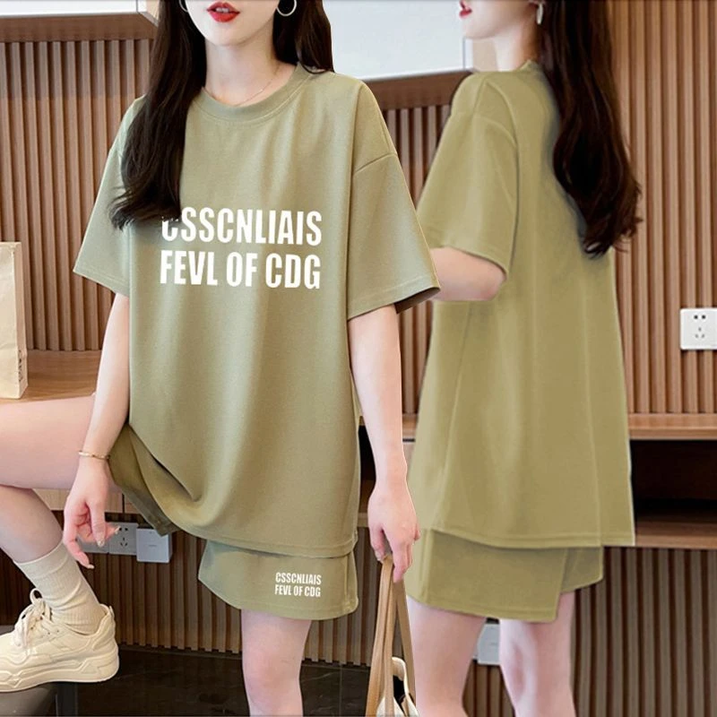 夏季百搭纯棉短袖T恤+短裤两件套女2025新款宽松大码休闲运动套装