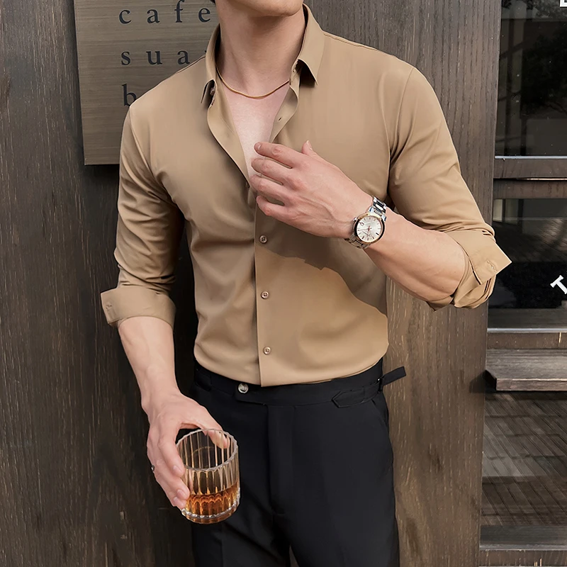 高弹力无痕长袖衬衫男士高级感商务休闲职业正装免烫纯色修身衬衣