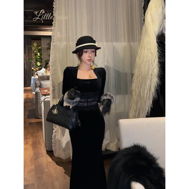 小雨姐姐【心海归意】腰部蕾丝性感拼接丝绒长袖包臀连衣裙女冬季