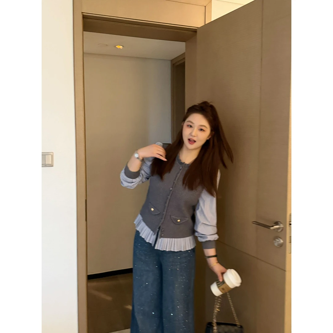 楠序【情话】源子微胖女装 2025年秋装新拼接假两件毛针织衫YZ37075
