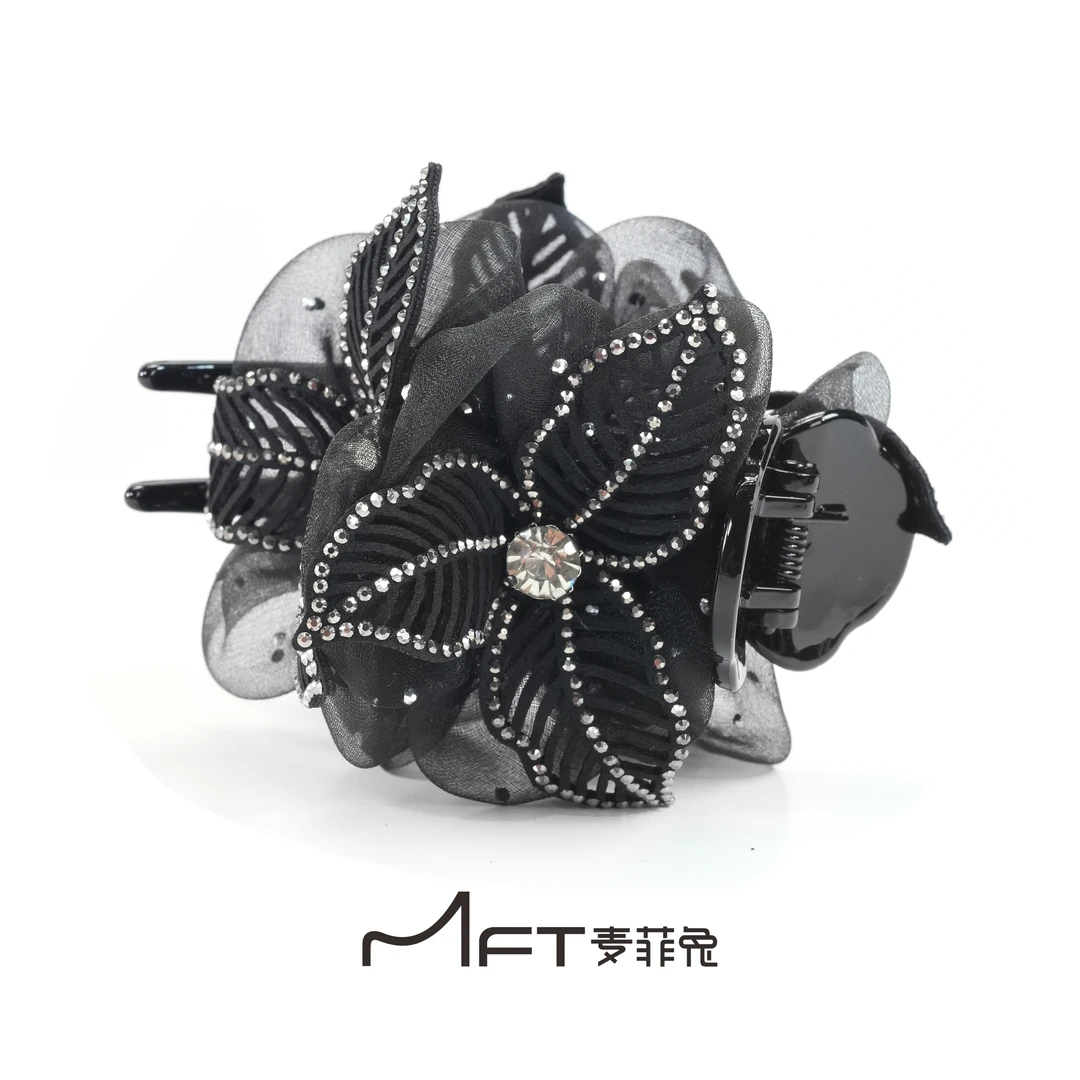 三叶纱丸子夹高级感黑色花朵盘发懒人丸子头抓夹蓬松显发量发夹