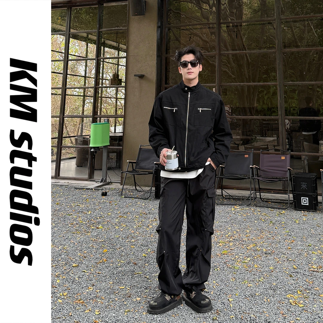 KMstudios新品斜纹棉洗水哈灵顿卡扣夹克外套感立领多口袋