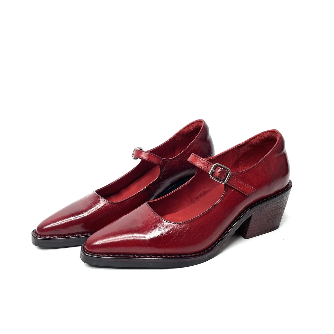 舒适新款手工做旧水洗马皮粗跟浅口玛丽珍女鞋尖头气质高跟单鞋女