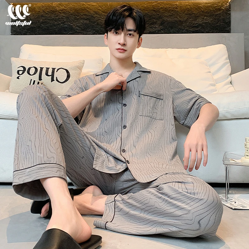 纯棉睡衣男士春夏款短袖长裤休闲男款夏天宽松大码薄款家居服套装