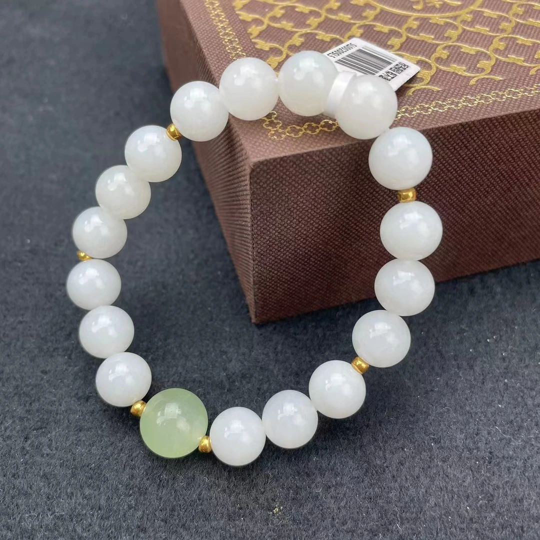 【玉冠珠宝】和田玉翠青手串约10*10m（多样性发一）