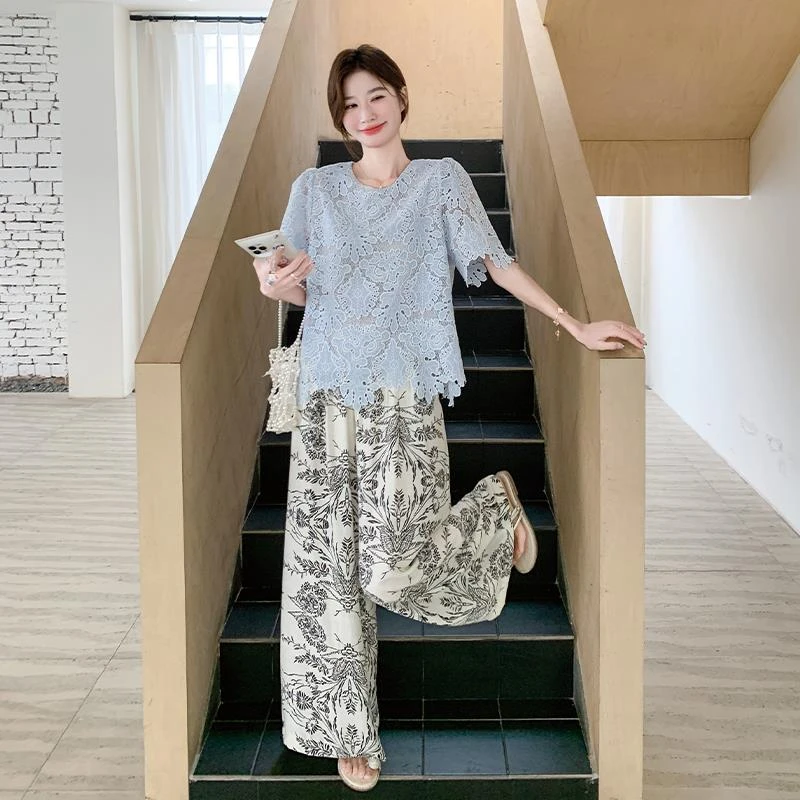 蓝色超好看镂空刺绣上衣套装女2025夏季新款水墨印花阔腿裤两件套