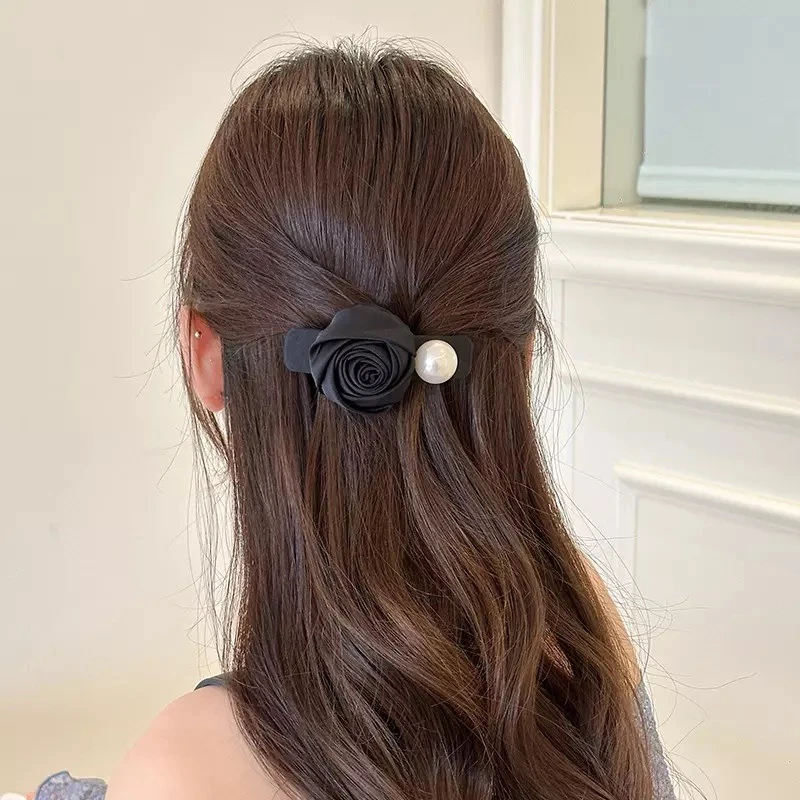 高级感小香风玫瑰花弹簧夹气质发量少后脑勺半扎发温柔一字夹发饰