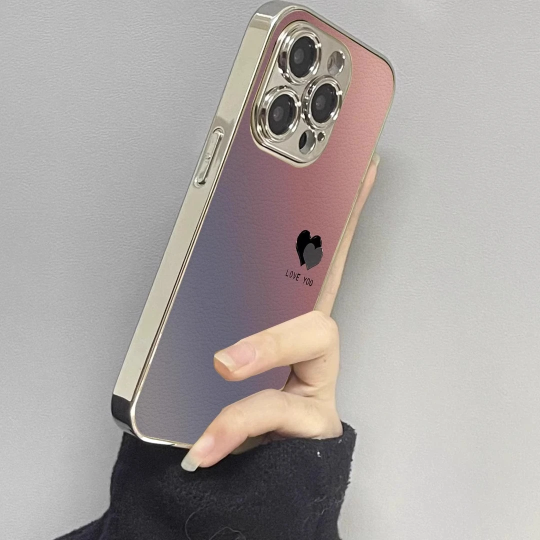 渐变爱心适用苹果16promax手机壳女款iphone15电镀小羊皮镜头全包