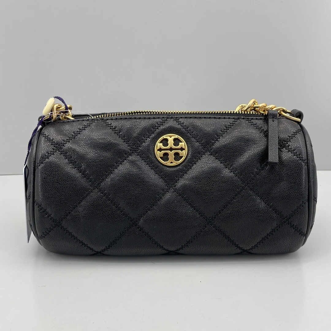 95新 TORY BURCH/汤丽柏琦 willa黑色圆筒斜挎包20*10*6cmE070302
