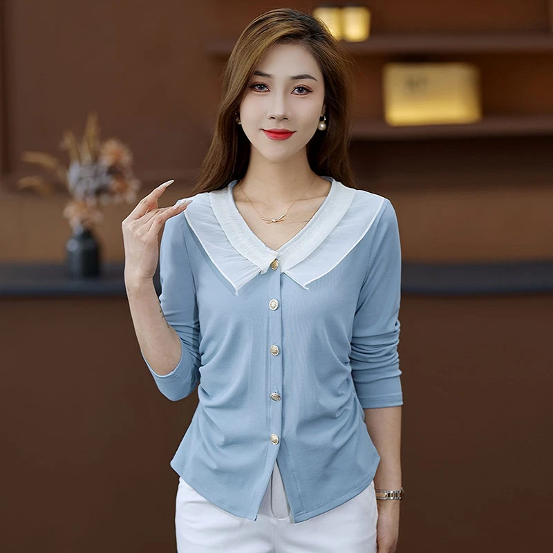 娃娃领长袖T恤女修身洋气漂亮花边领小衫2025春秋季新款甜美上衣