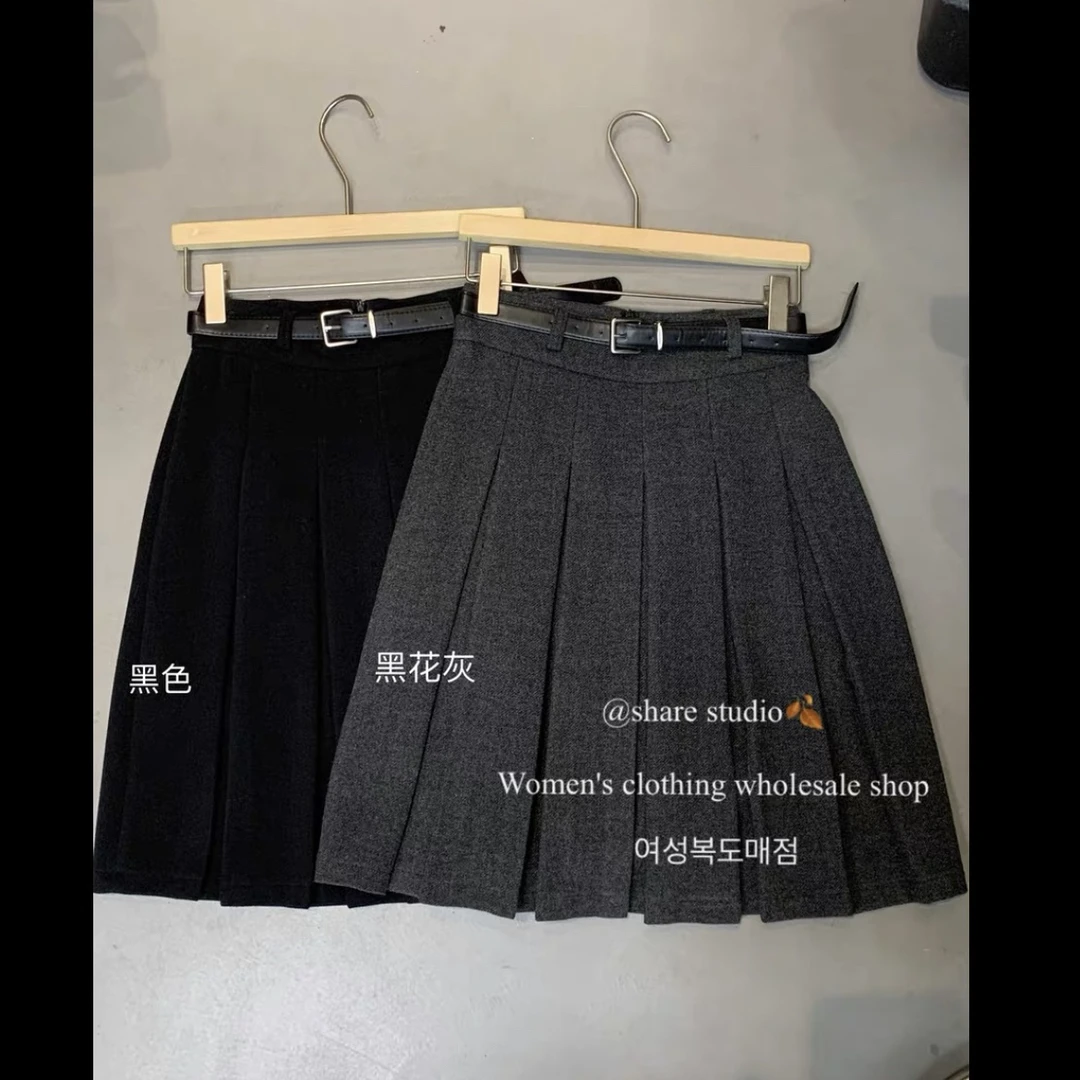 2025冬季新款高腰显瘦羊毛百褶A字半身裙秋冬女气质百搭中长裙