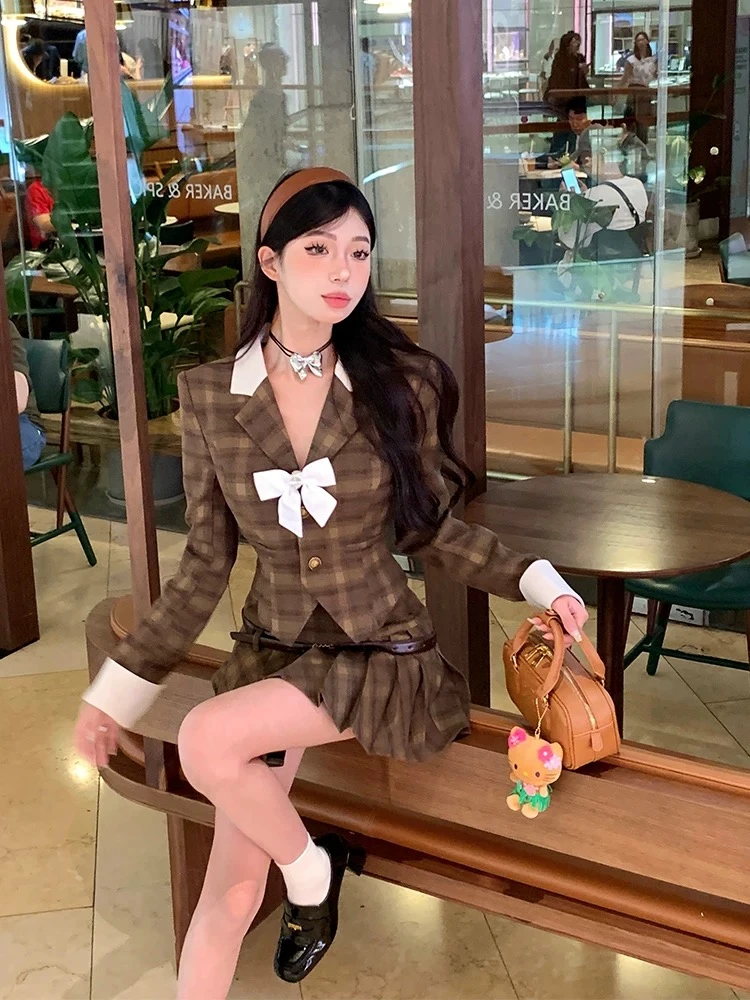 162   美拉德画报   秋季复古格子学院风西装外套上衣百褶裙套装