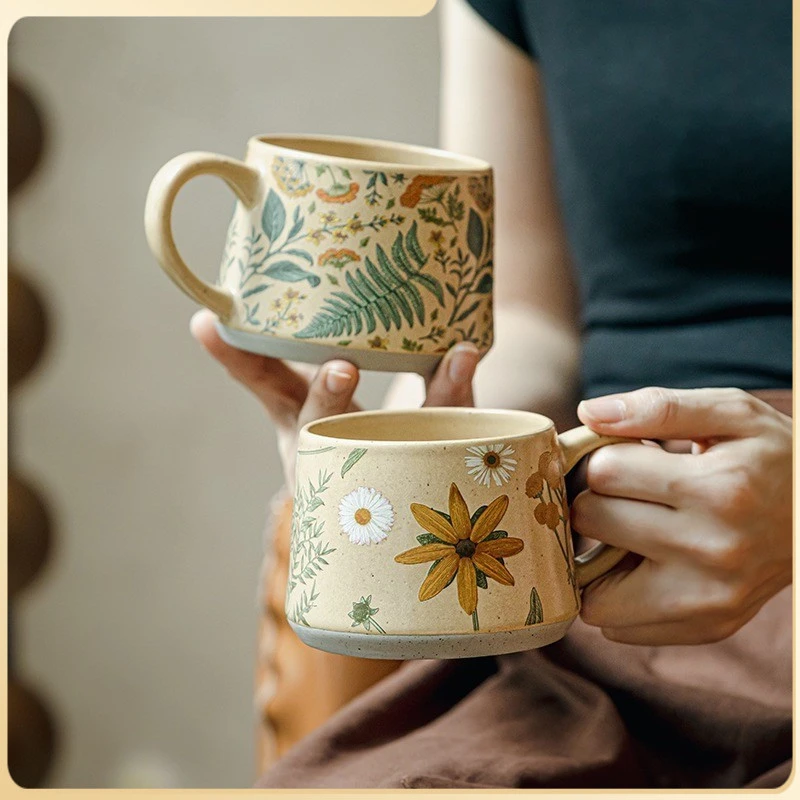 花季限定漂亮马克杯高颜值复古手工陶瓷咖啡杯高级感咖啡杯礼物