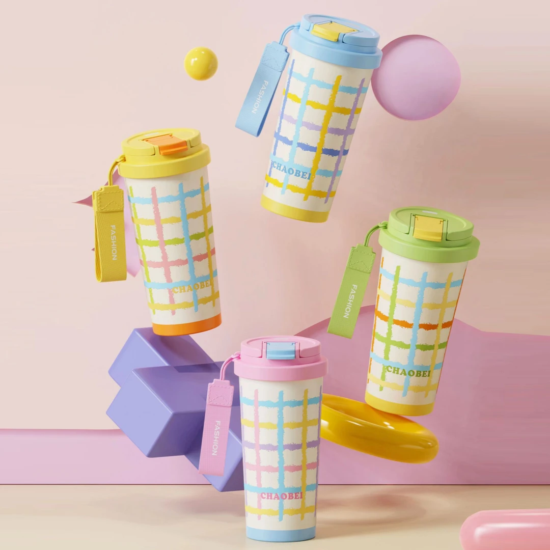 色彩冬日保温杯吸管杯双饮口车载大容量咖啡杯时尚便携条纹