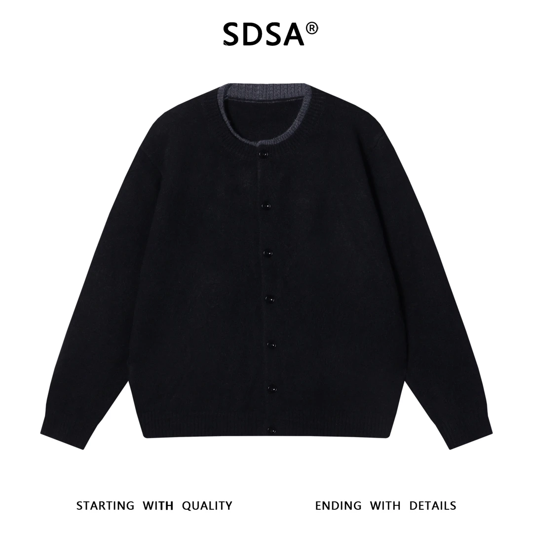 SDSA男士秋冬新款痞帅男装复古撞色纽扣开衫假两件针织衫百搭毛衣
