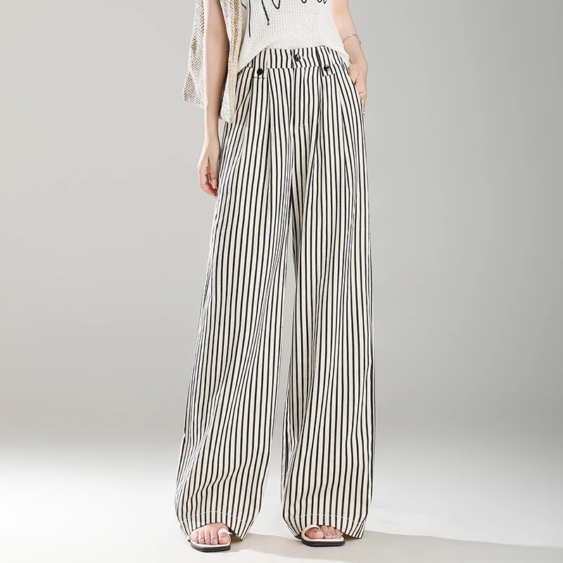 哥弟阿玛施正品夏季女士新款裤子黑白亚麻条纹阔腿裤垂感宽松休闲