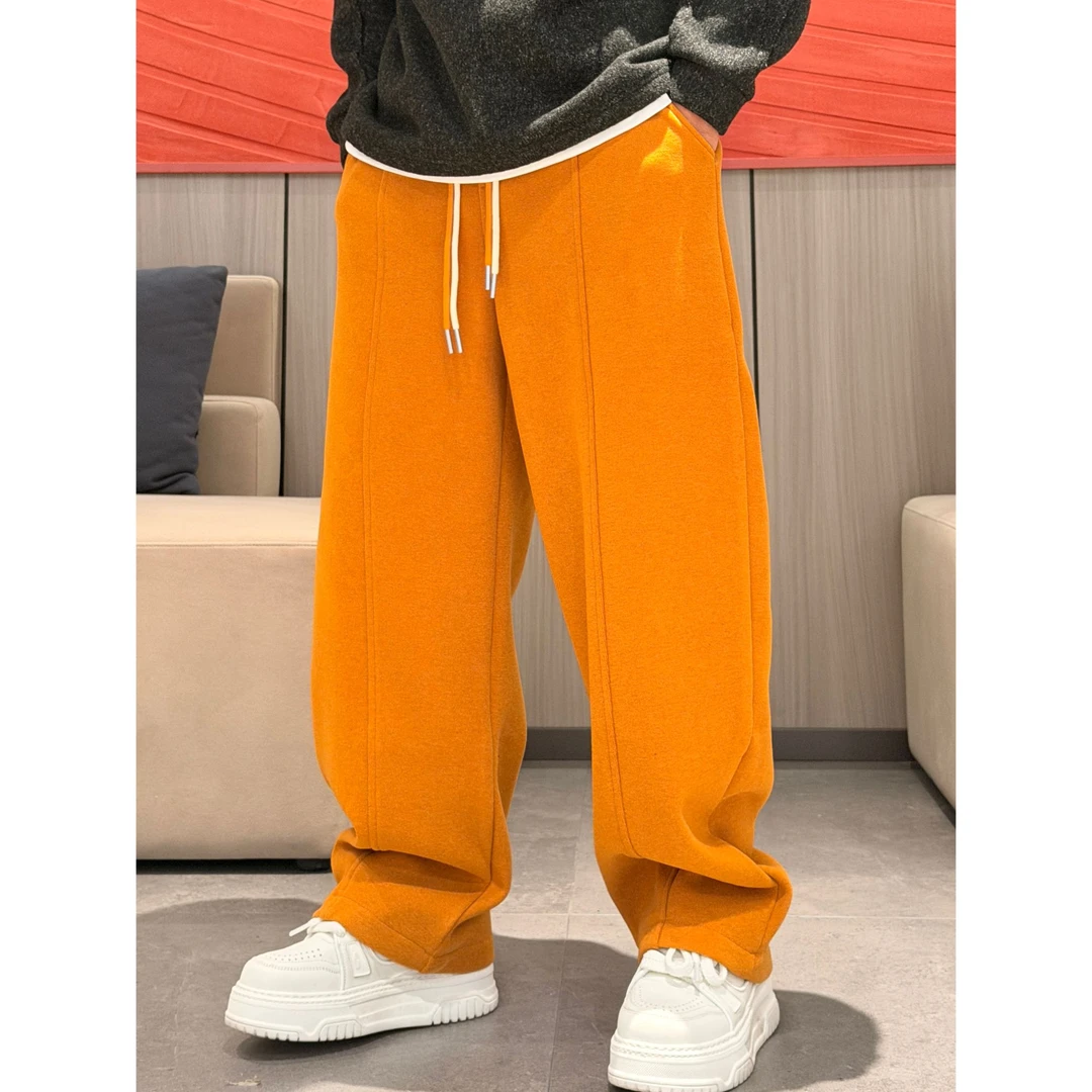 冬季新款加绒加厚保暖软糯亲肤垂感舒适纯色百搭弯刀直筒裤37005