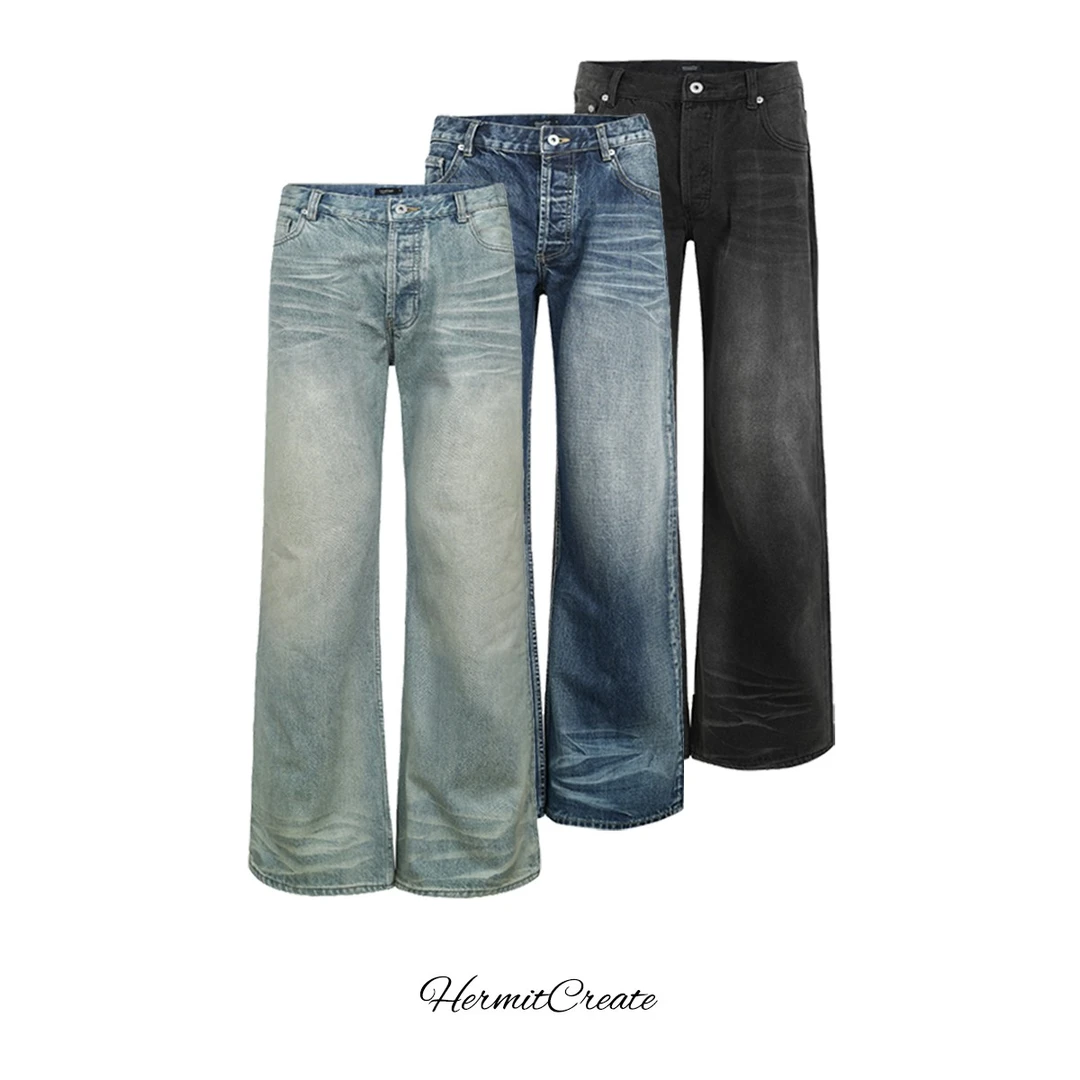 HermitCreate水波纹复古2021m牛仔裤长裤男阔腿宽松Cleanfit男生
