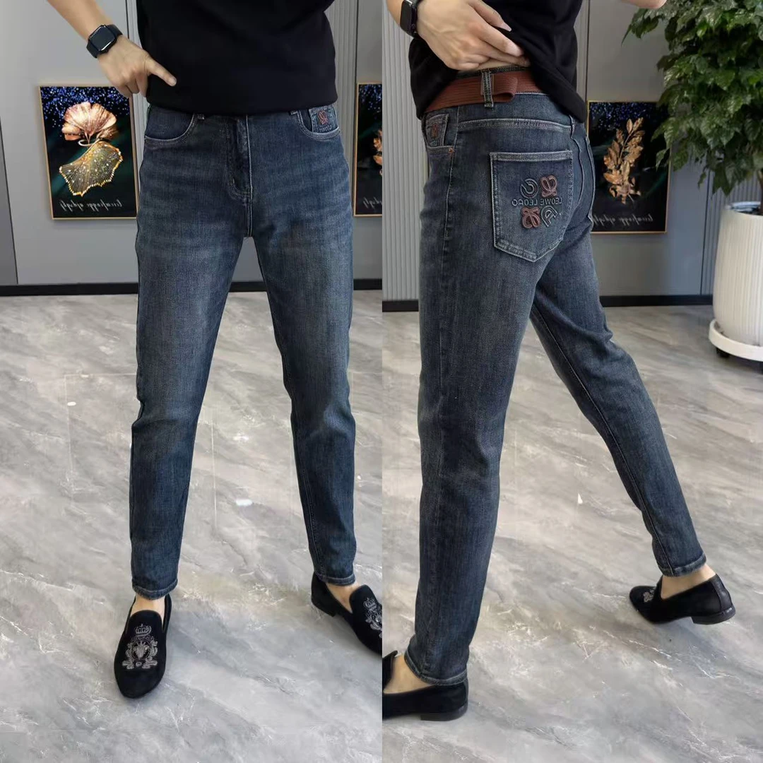 男士牛仔裤修身显瘦百搭时尚小脚裤男弹力舒适印花长裤男潮流简约