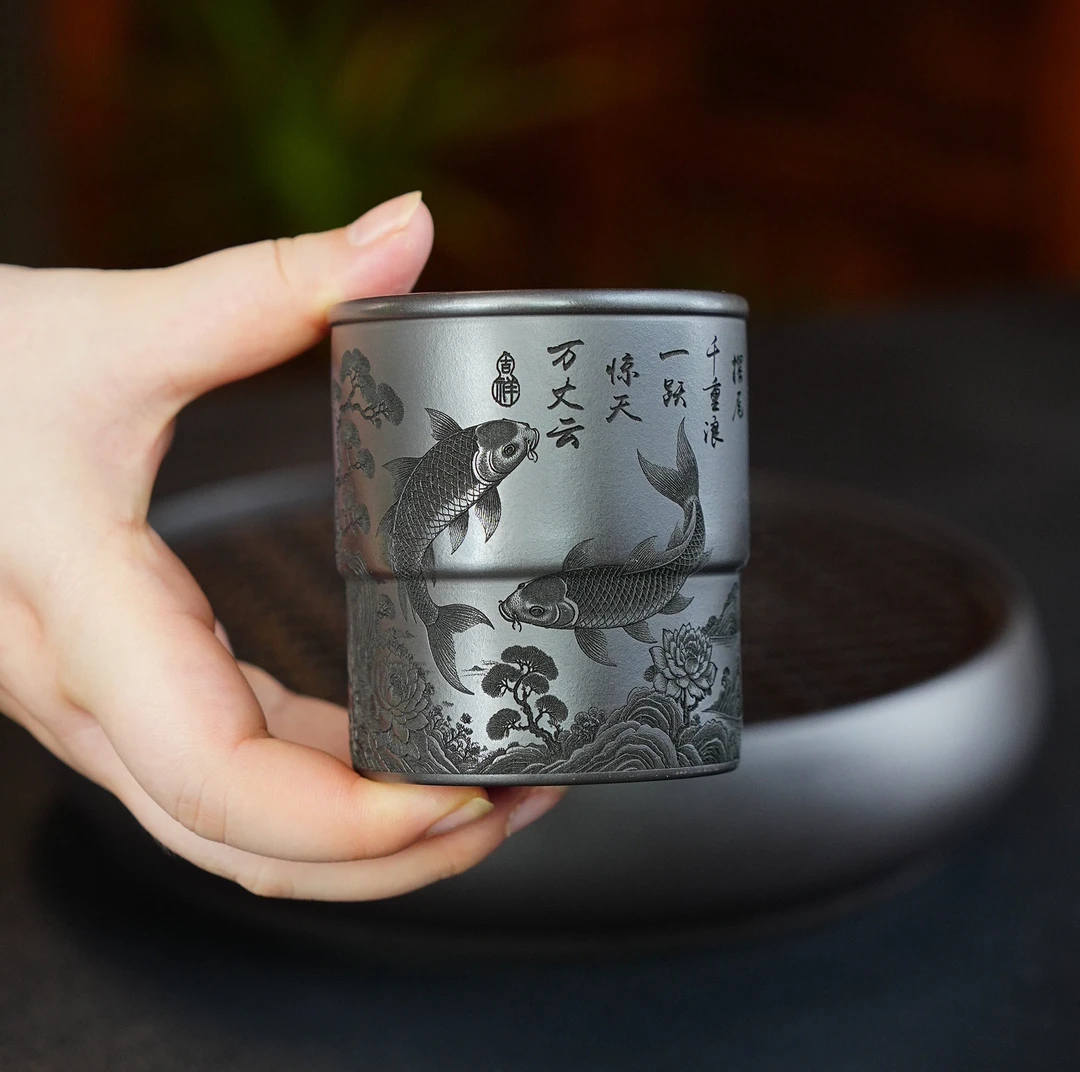 407宜兴原矿紫砂石黄全手工刻绘锦鲤家用品茗陶瓷紫砂茶杯竹节杯