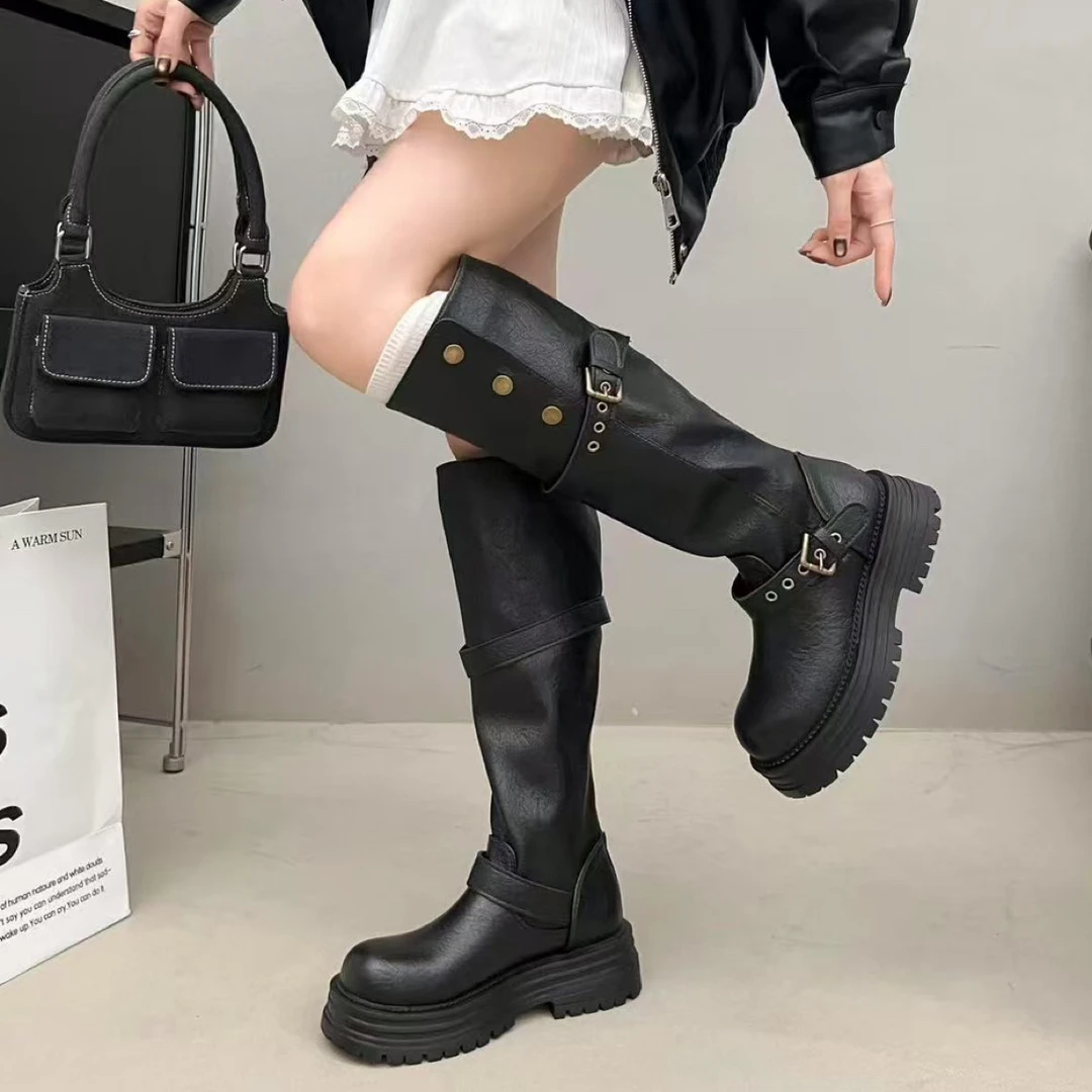 胖mm加肥加大骑士加绒高筒英伦风中筒百搭时装靴短靴圆头长筒