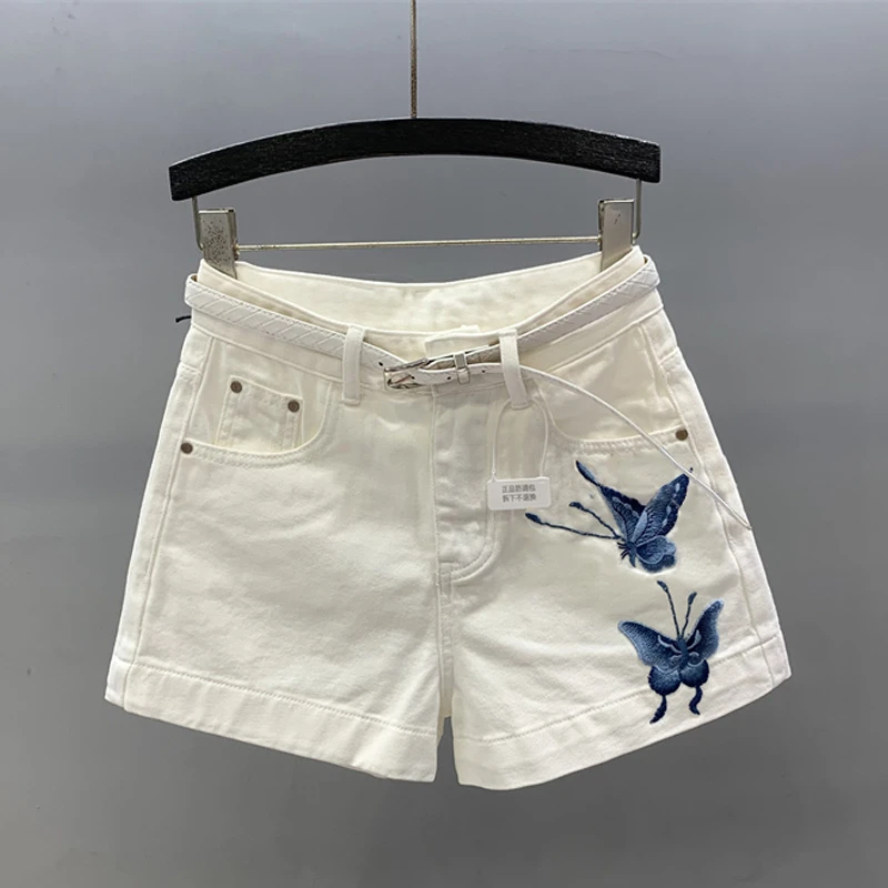 白色短裤女士夏装阔腿蝴蝶时尚潮流刺绣设计牛仔裤蓝蝶a字热裤